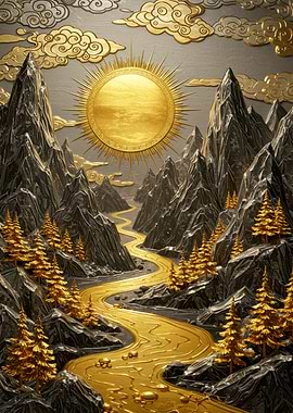 Golden River Mountain Landscape Art