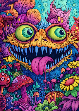 Psychedelic Monster in a Fungi Garden