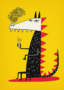 Grumpy Dragon Drinking Coffee Illustration