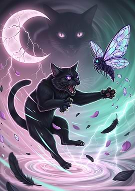 Pastel Goth Black Cat and Moth Fantasy Art