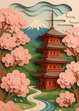 Japanese Pagoda with Cherry Blossoms