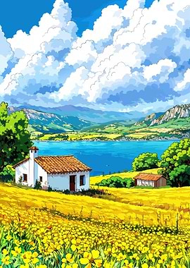 Idyllic Countryside Landscape with Cottage
