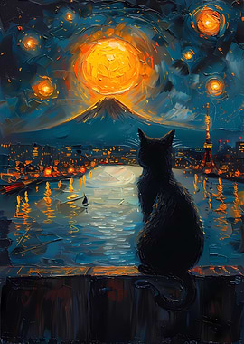 Black Cat Gazing at Tokyo Skyline