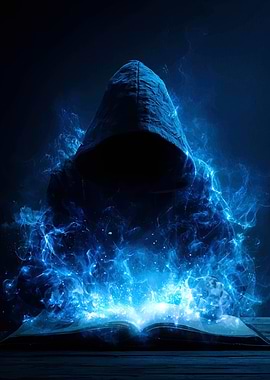 Mystic Hooded Figure with Glowing Book