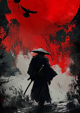 Samurai with Red Moon and Crows