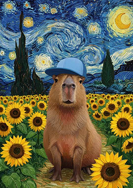 Capybara in Starry Night Sunflower Field