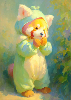 Red Panda cub in a Green Onesie