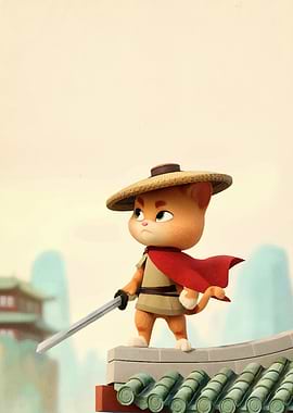 Cartoon Cat Warrior on Rooftop