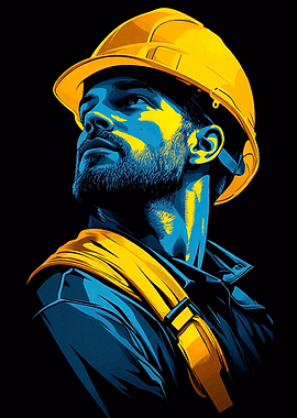 Construction Worker Portrait in Blue and Yellow