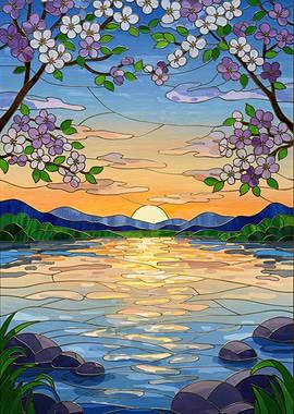 Stained Glass Sunset Lake Scene