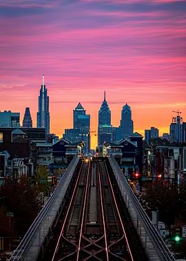 Philadelphia Skyline at Sunset with Train Tracks