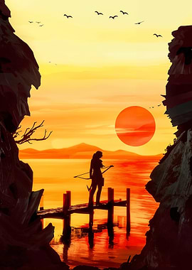 Silhouette Archer at Sunset Tomb raider