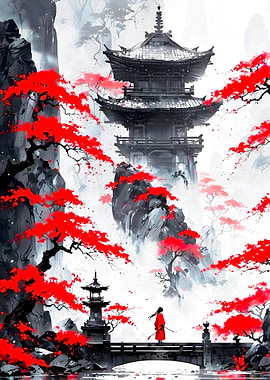 Japanese Temple with Red Foliage