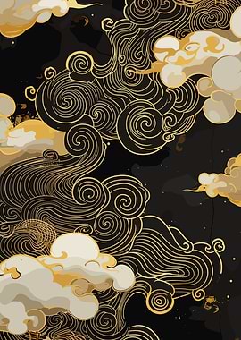 Golden swirls and clouds on black