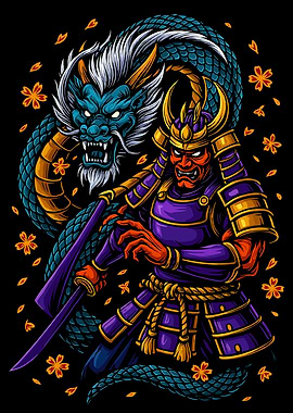Samurai Warrior with Dragon Illustration
