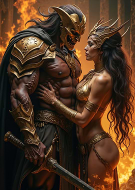 Warrior and Queen in Fiery Embrace