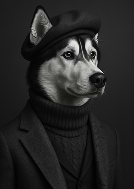 Elegant Husky Portrait in Beret and Turtleneck