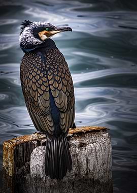 Great Cormorant (Phalacrocorax carbo) Perched on Wooden Post