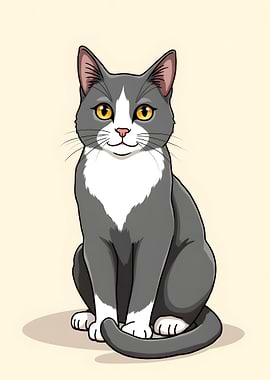 Cartoon Gray and White Cat Portrait