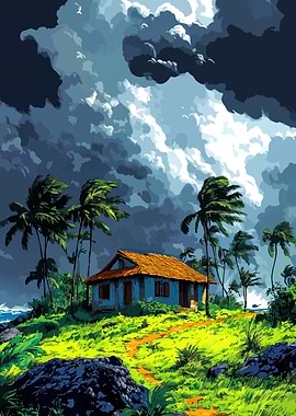 Tropical House Under Stormy Sky