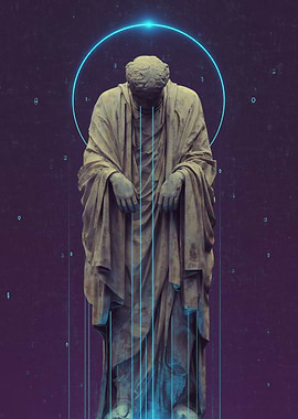 Digital Statue with Neon Halo