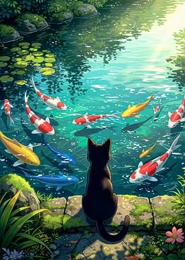 Black Cat Admiring Koi Pond