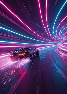 Cyberpunk Car Racing Through Neon Tunnel