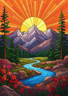 Mountain Landscape with River and Sunrise