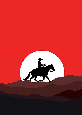 Cowboy silhouette on horseback at sunset