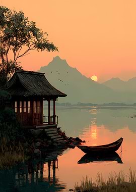 Japanese House by Lake at Sunset