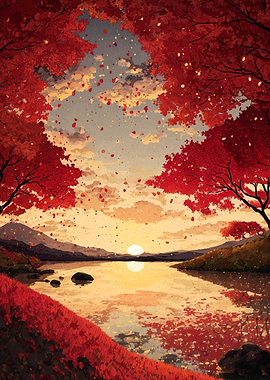 Autumn Landscape with Red Trees