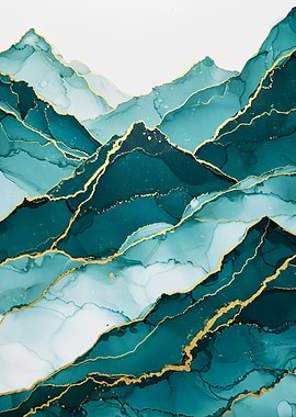 Abstract Teal and Gold Mountains