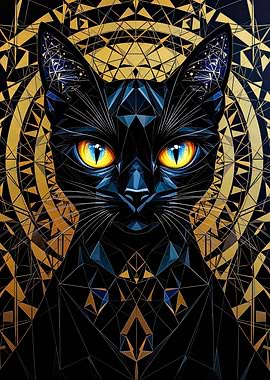 Geometric Black Cat with Golden Background
