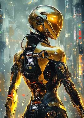 Golden Cyberpunk Warrior in Cityscape