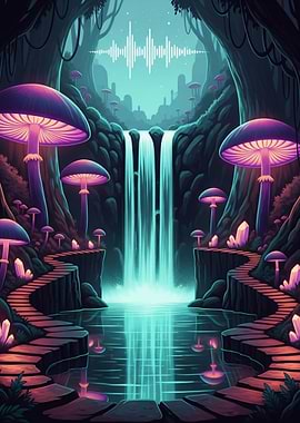 Mystical Waterfall Landscape with Glowing Mushrooms