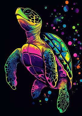 Colorful Sea Turtle on Black Background