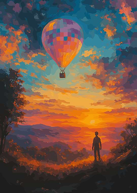 Hot Air Balloon Sunset Landscape Painting