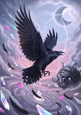Pastel Goth Stormy Raven with Skull and Crystals