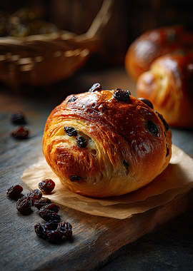 Raisin Bun on Wooden Board