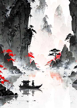 Asian Landscape with Boat and Mountains