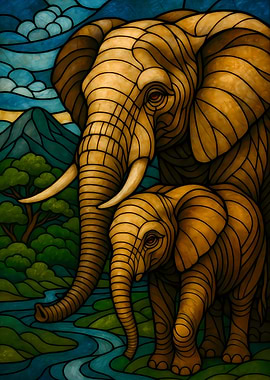 Elephant Family Stained Glass Style Art
