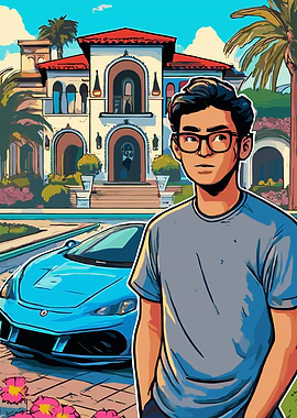 Man, Car, and Mansion Cartoon Illustration