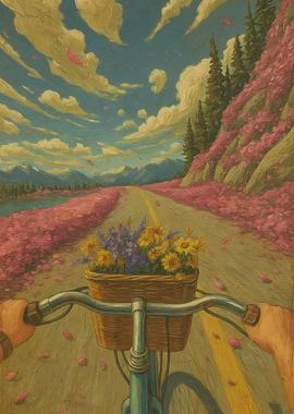 Bicycle ride through a floral landscape