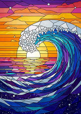 Stained Glass Ocean Wave Sunset