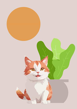 Cute Cat with Plant and Sun