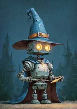 Robot Wizard with Magic Scroll