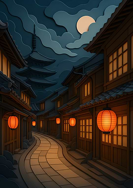 Japanese Street at Night with Lanterns