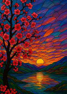 Stained Glass Cherry Blossom Sunset