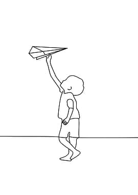 Boy with Paper Airplane Minimalist Line Art