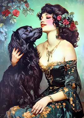 Elegant Woman with Black Dog Portrait